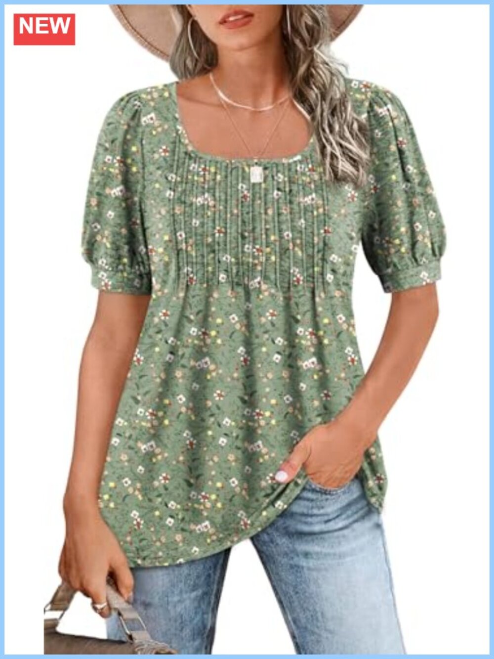 Womens Summer Square Neck Puff Short Sleeve Pleated Tunic Top Loose Fit